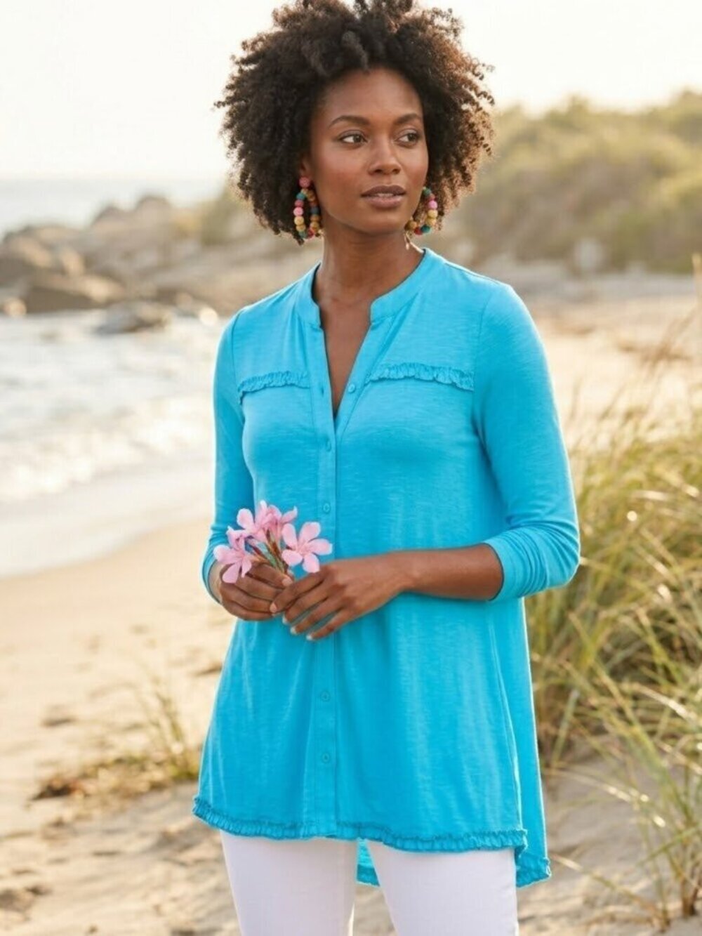 Soft Surroundings Graciela Tunic Ruffle Feminine Resort Coastal Vacation Soft L